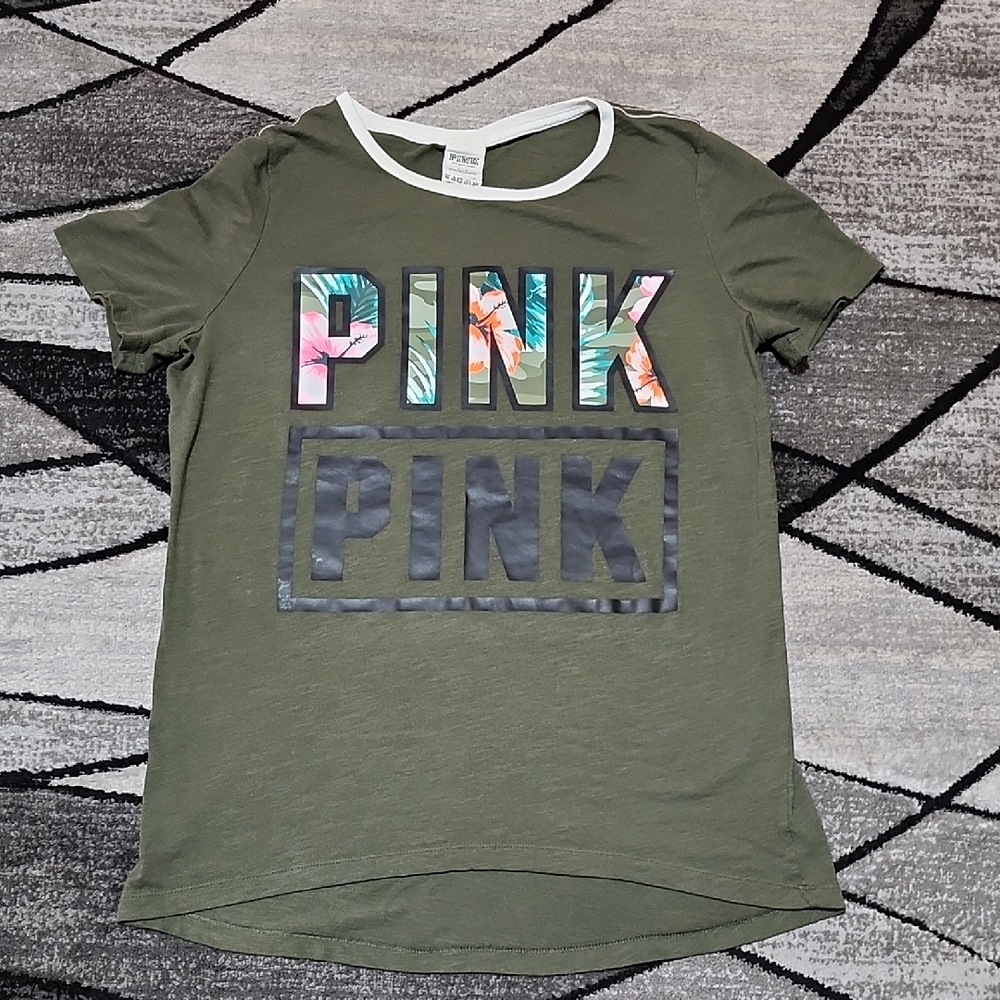 VS PINK 2015 OLIVE GREEN TROPICAL HIBISCUS FLORAL GRAPHIC TEE-SHIRT